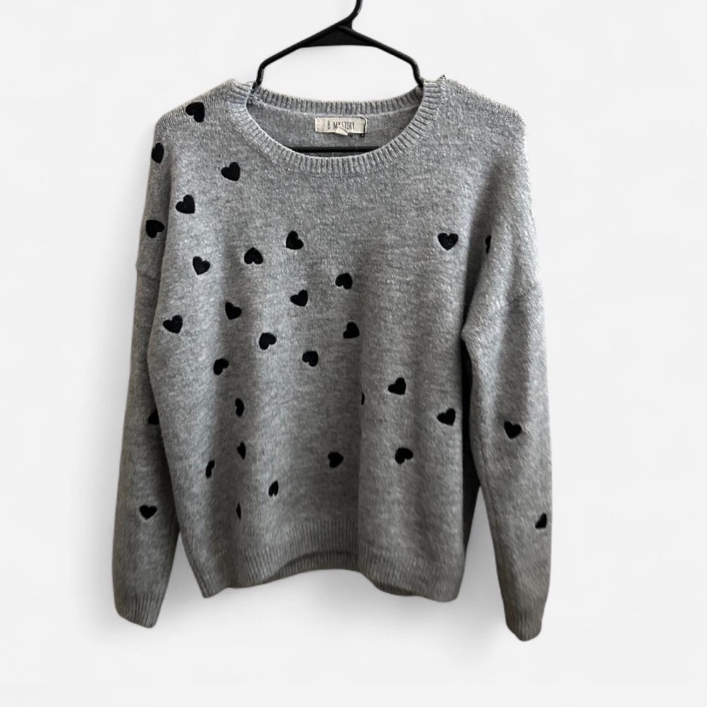 Cute Gray Sweater with Black Heart Accents